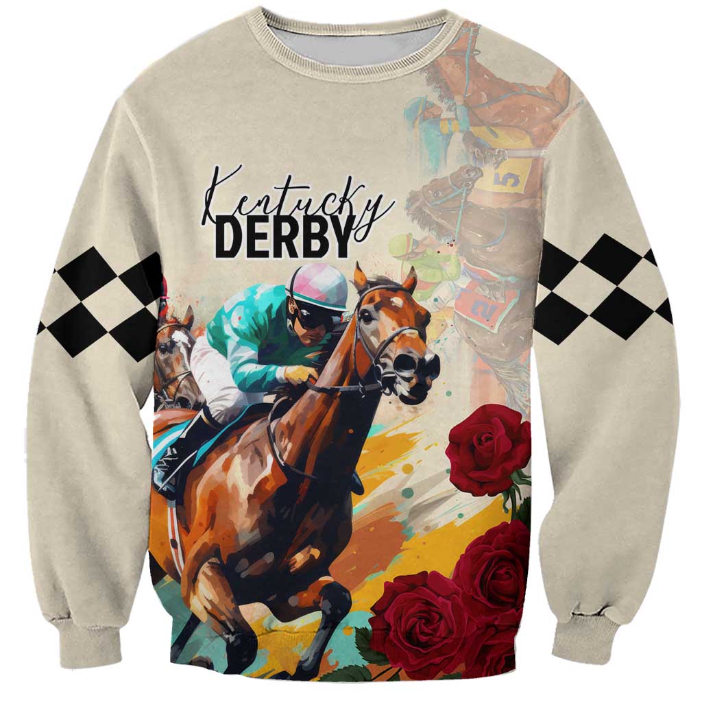 Unisex light gray sweatshirt with horse-and-roses graphic and Kentucky Derby text
