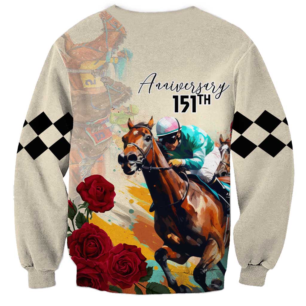 Unisex light gray sweatshirt back with Anniversary 151st and horse-race roses graphic