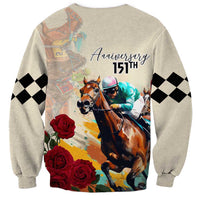 Unisex light gray sweatshirt back with Anniversary 151st and horse-race roses graphic