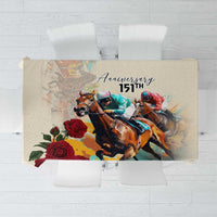 Anniversary tablecloth with colorful horse race scene and 151st lettering