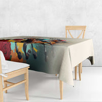 Horse and rose print tablecloth with draped overhang on dining table
