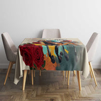 Anniversary-themed tablecloth with bold rose and horse print, square table