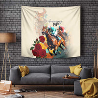 White hanging horse racing tapestry with three galloping horses, red roses, and “15th” text