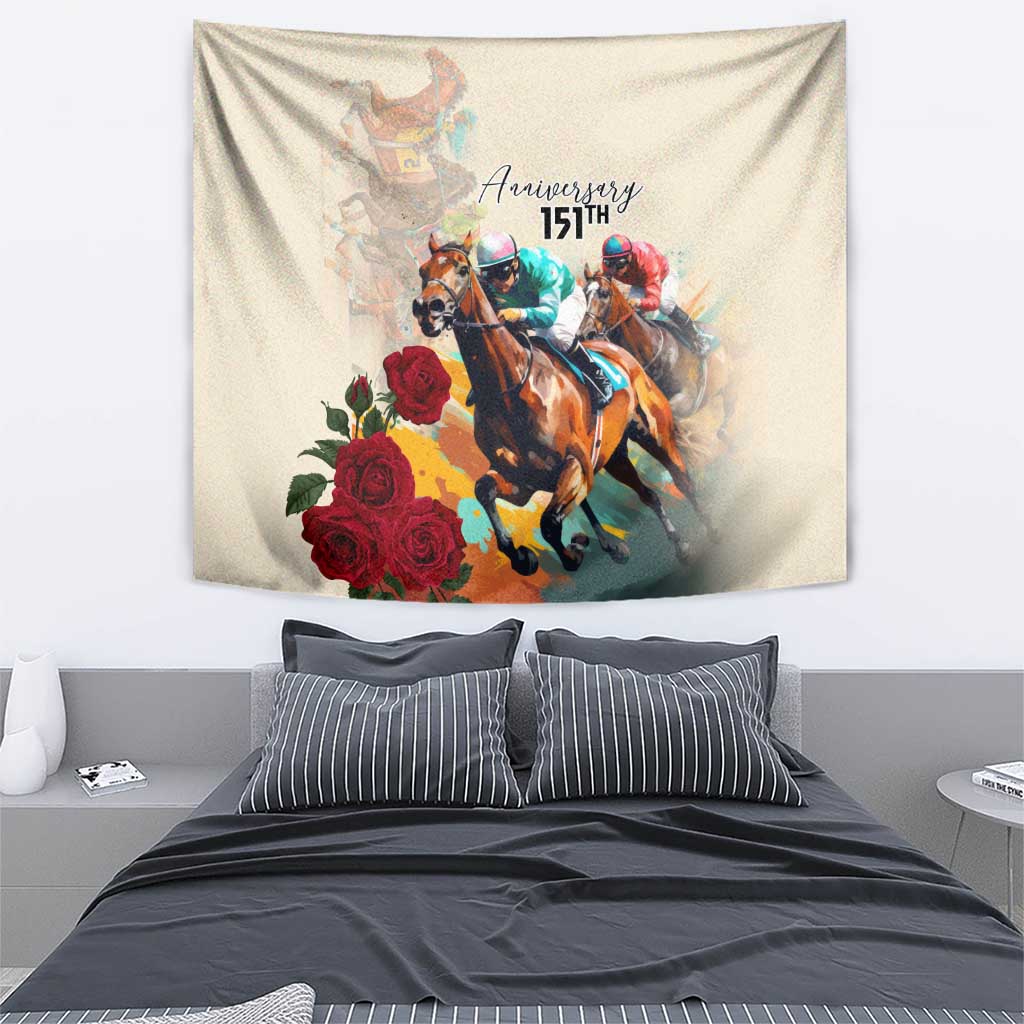 White horse racing anniversary tapestry with three riders, roses, and “15th Anniversary” text