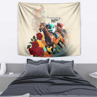 White horse racing anniversary tapestry with three riders, roses, and “15th Anniversary” text
