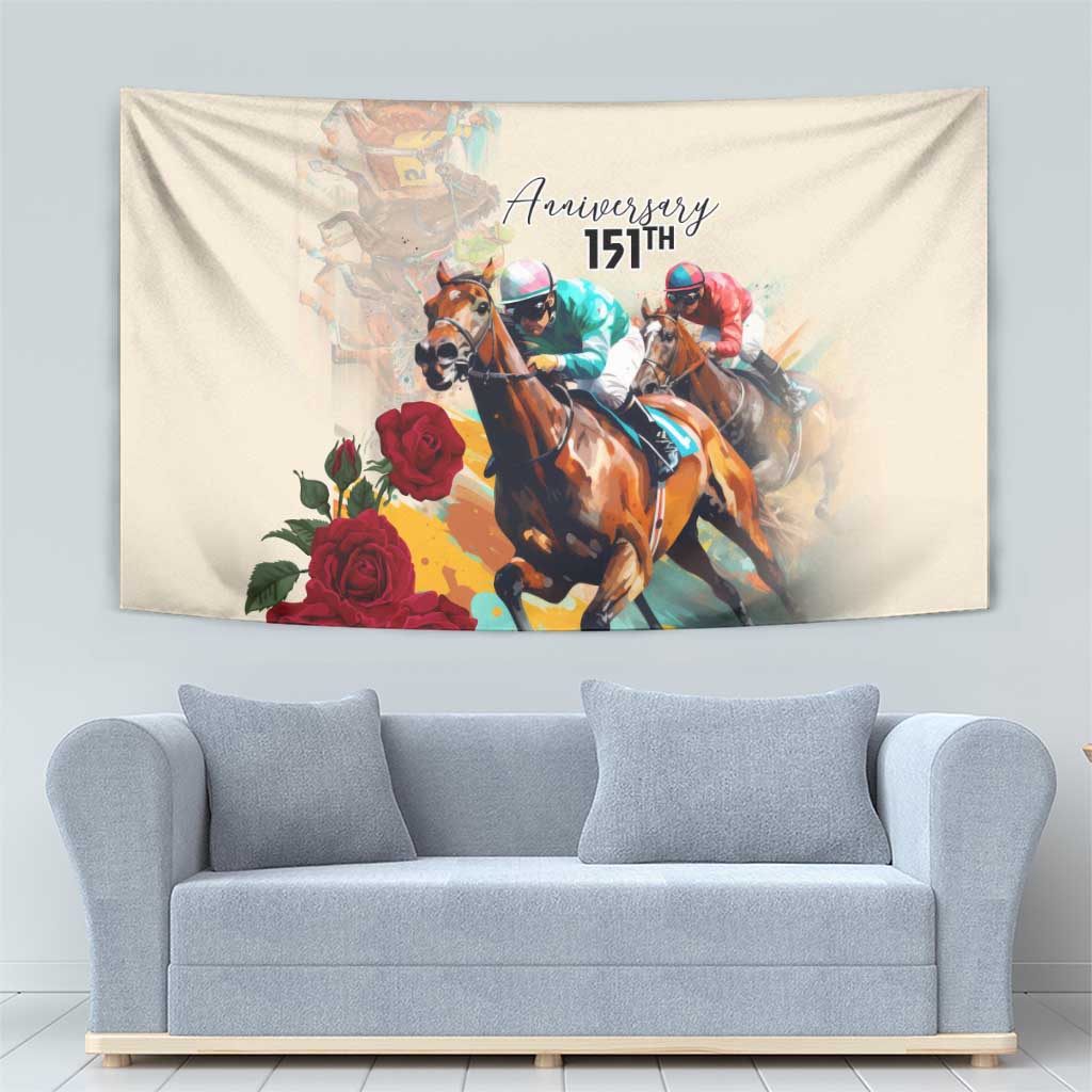 White tapestry with “15th Anniversary” over three galloping horses and red roses
