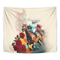 White horse racing tapestry close-up: three riders, “15th Anniversary,” and red roses