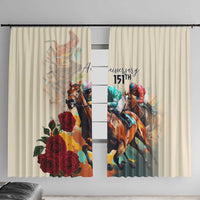 White window curtain panels with colorful horse artwork and "151st" anniversary text