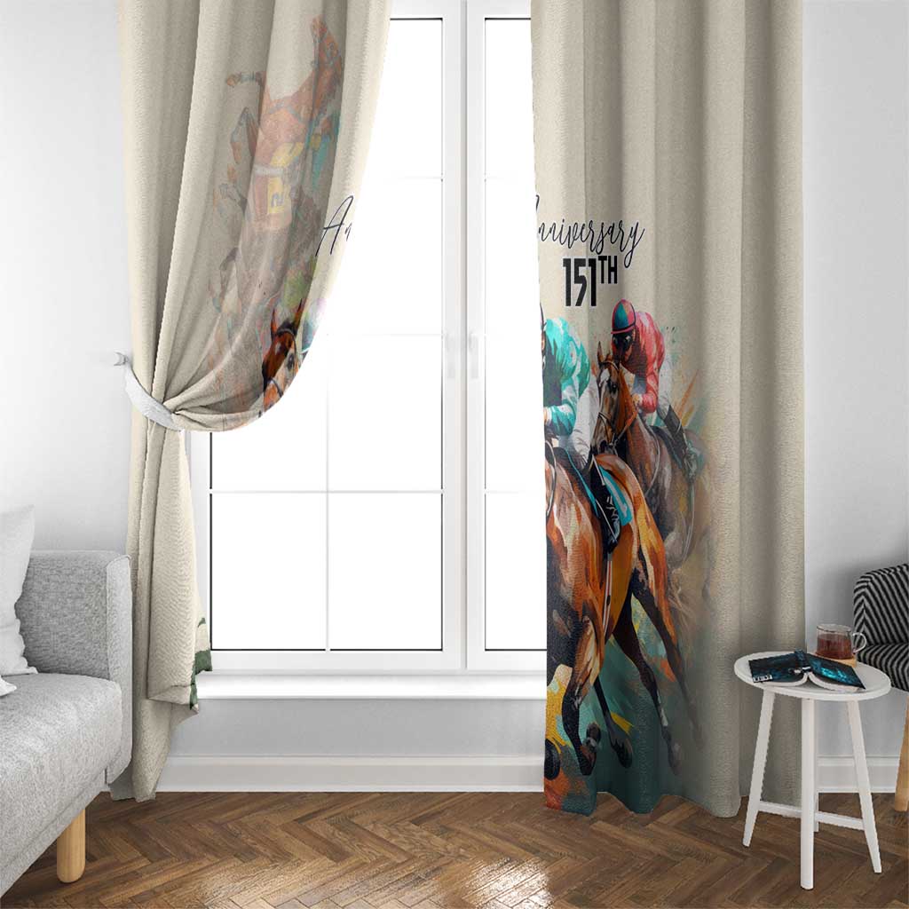White window curtain with horse and roses print, featuring "151st" anniversary on right panel