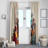 Pair of white window curtains with horse-and-floral design and "151st" anniversary print