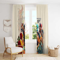 White window curtain pair with colorful race horses, red roses, and "151st" anniversary text