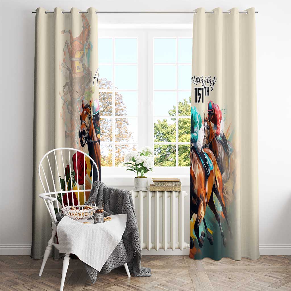 White window curtain set with colorful horse and "151st" anniversary print on both panels