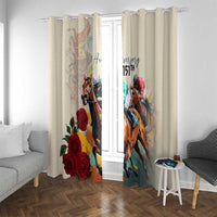 White window curtain set with hanging rings and horse artwork plus "151st" anniversary print