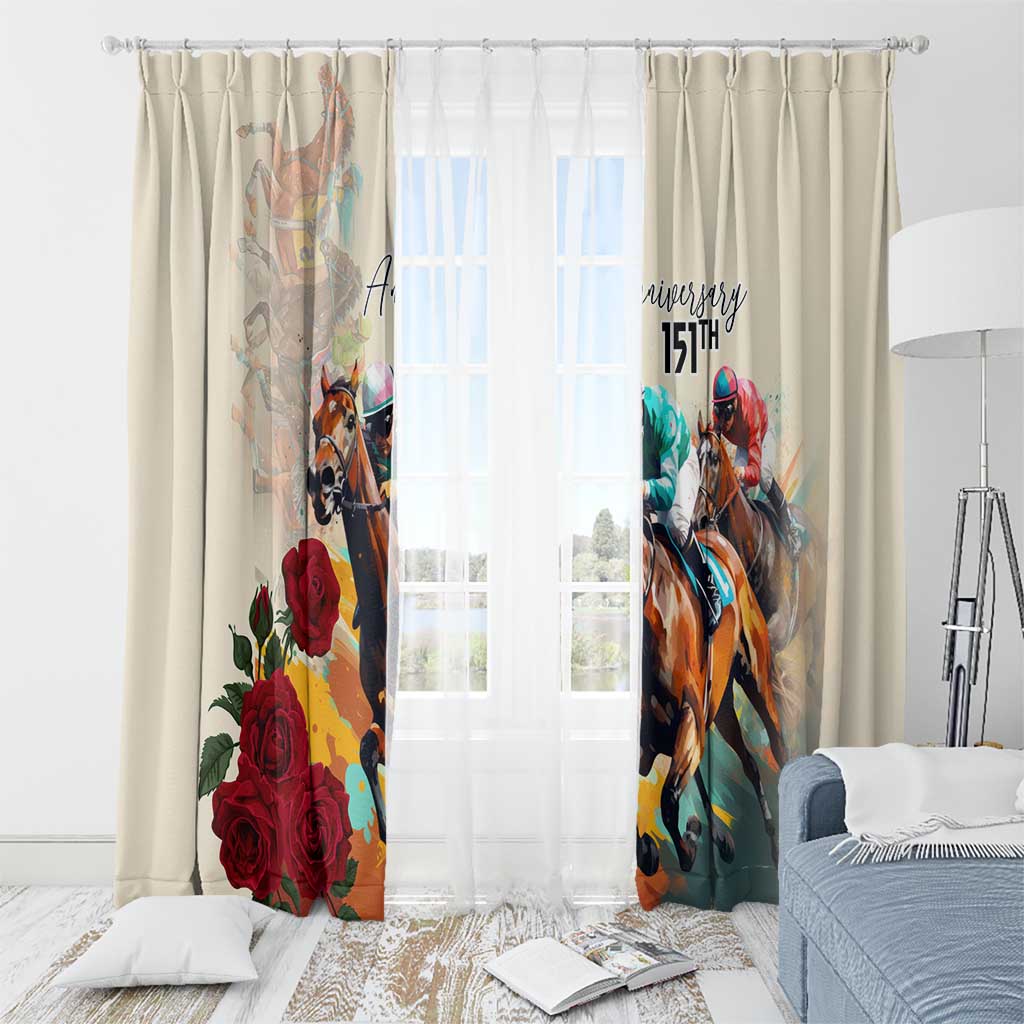 White window curtain set with sheer center and colorful horse and rose design, "151st"