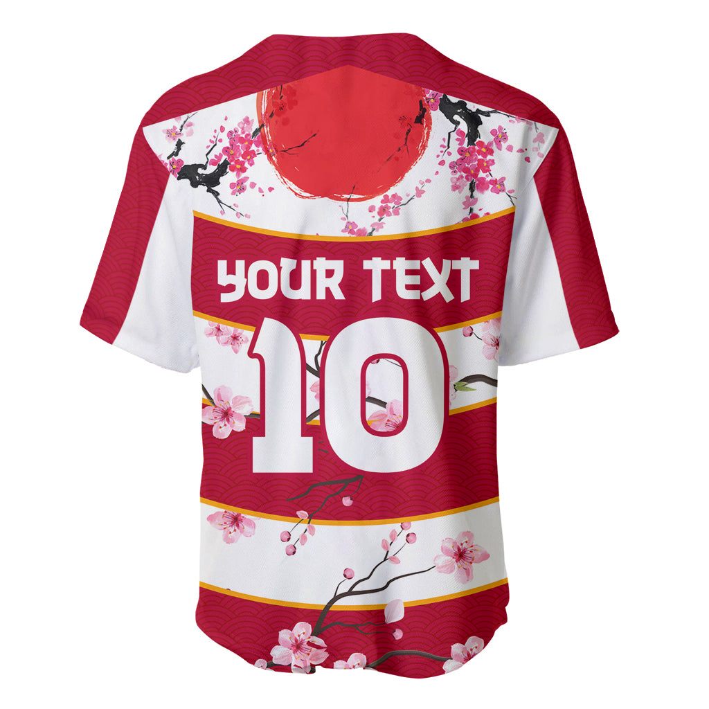 Red and white baseball rugby jersey back with cherry blossoms, YOUR TEXT 10, short sleeves