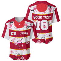 Red and white baseball rugby jersey showing front JAPAN and back YOUR TEXT 10 with flowers
