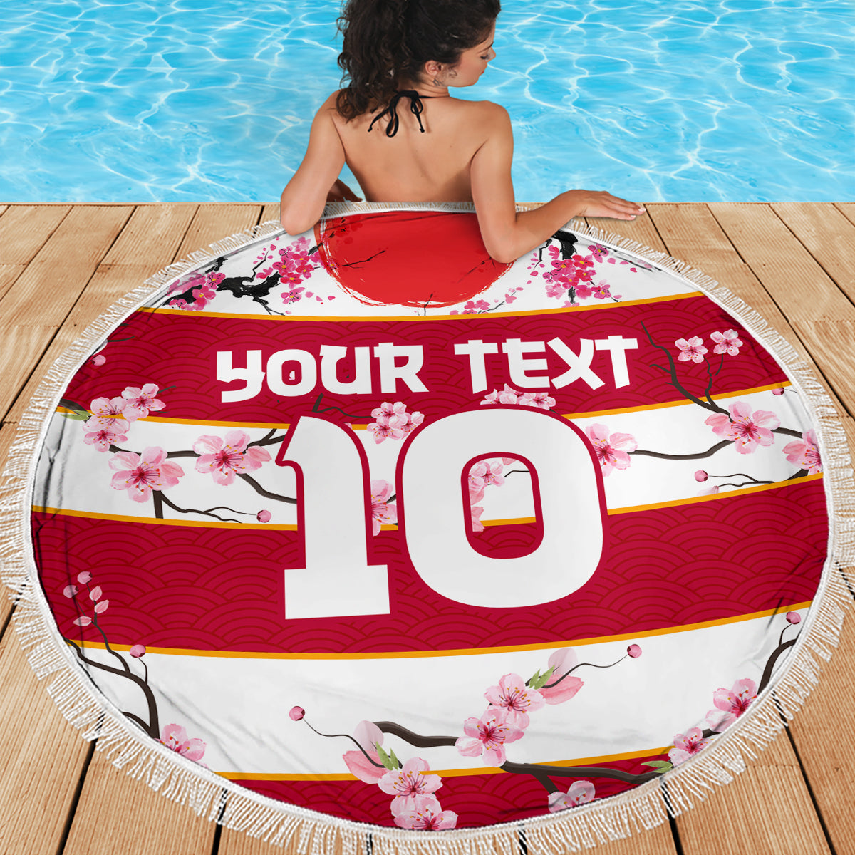 Round beach blanket, fringed border, red/white sakura with bold 10 and YOUR TEXT
