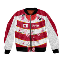 Red and white bomber jacket with cherry blossom print, Japan flag graphic, front zipper