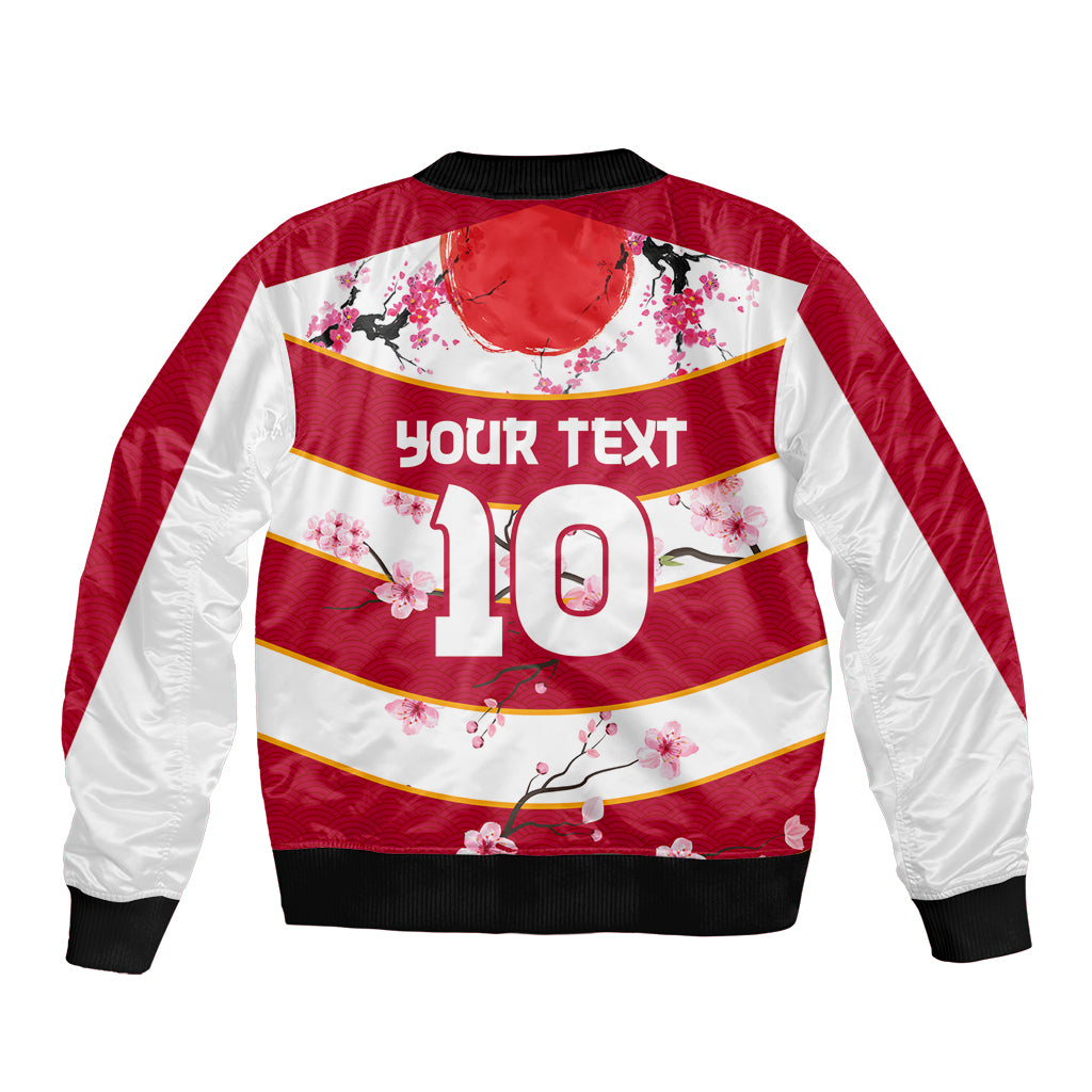 Red and white bomber jacket back print with cherry blossoms, Your text 10, ribbed hem