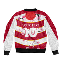 Red and white bomber jacket back print with cherry blossoms, Your text 10, ribbed hem