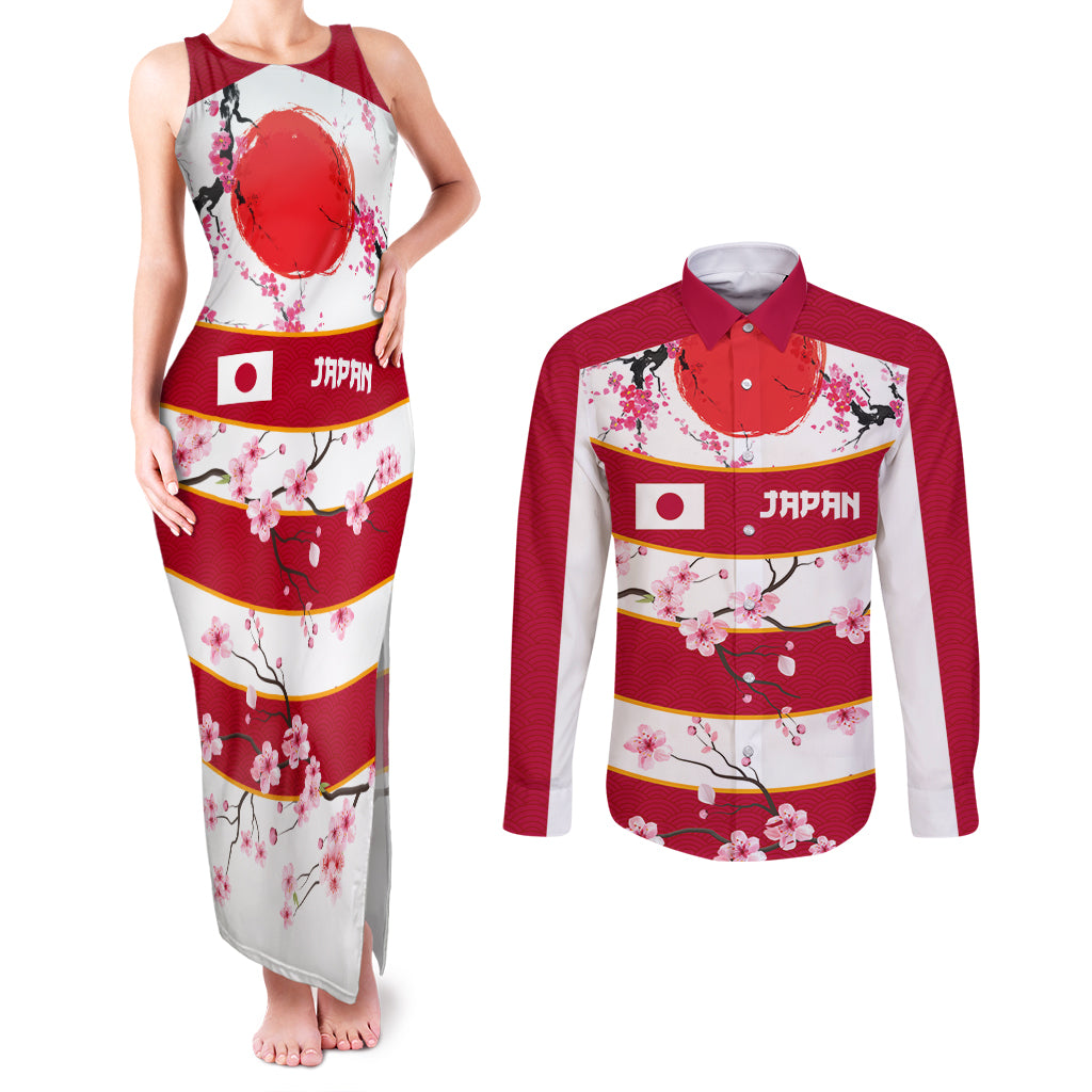 Custom Japan Rugby Couples Matching Tank Maxi Dress and Long Sleeve Button Shirt Sakura Blossom Go Champion 2024 - Wonder Print Shop