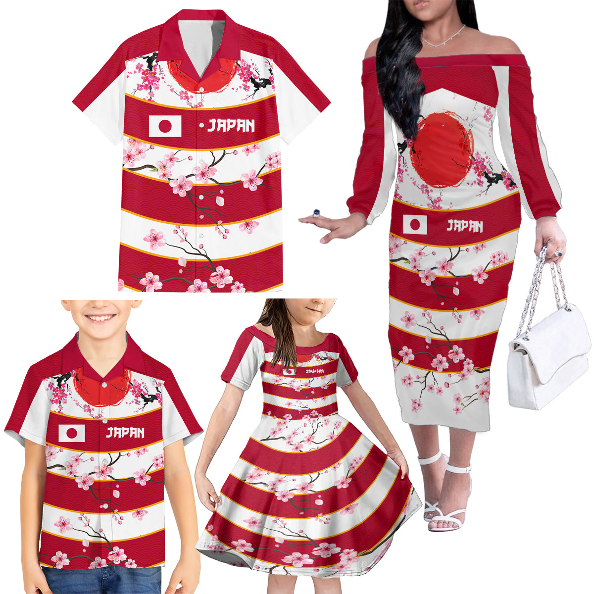 Custom Japan Rugby Family Matching Off The Shoulder Long Sleeve Dress and Hawaiian Shirt Sakura Blossom Go Champion 2024 - Wonder Print Shop