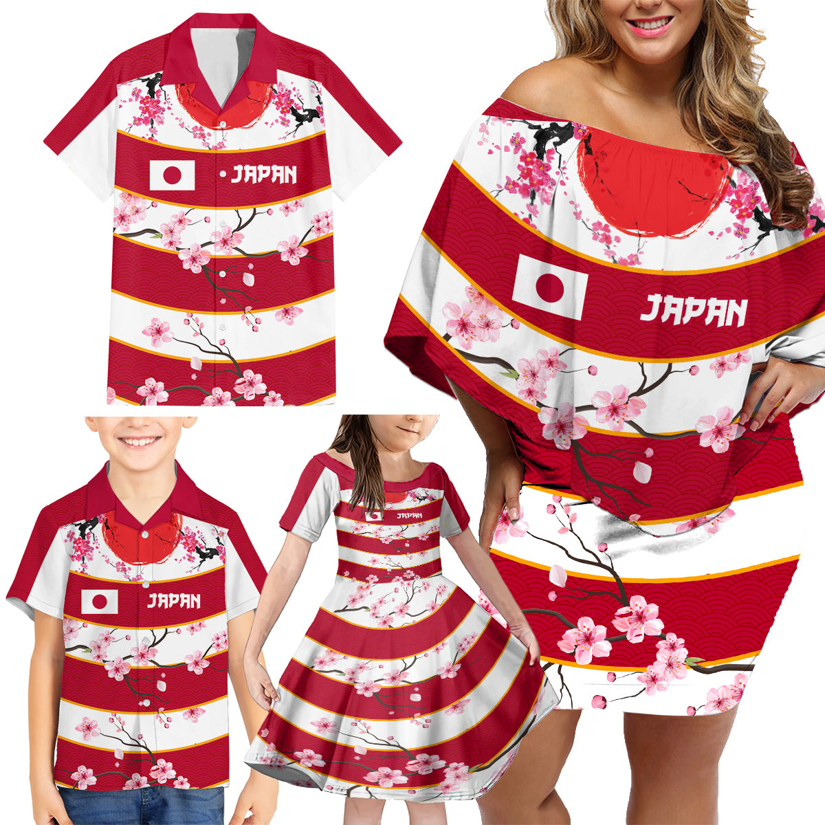 Custom Japan Rugby Family Matching Off Shoulder Short Dress and Hawaiian Shirt Sakura Blossom Go Champion 2024 - Wonder Print Shop