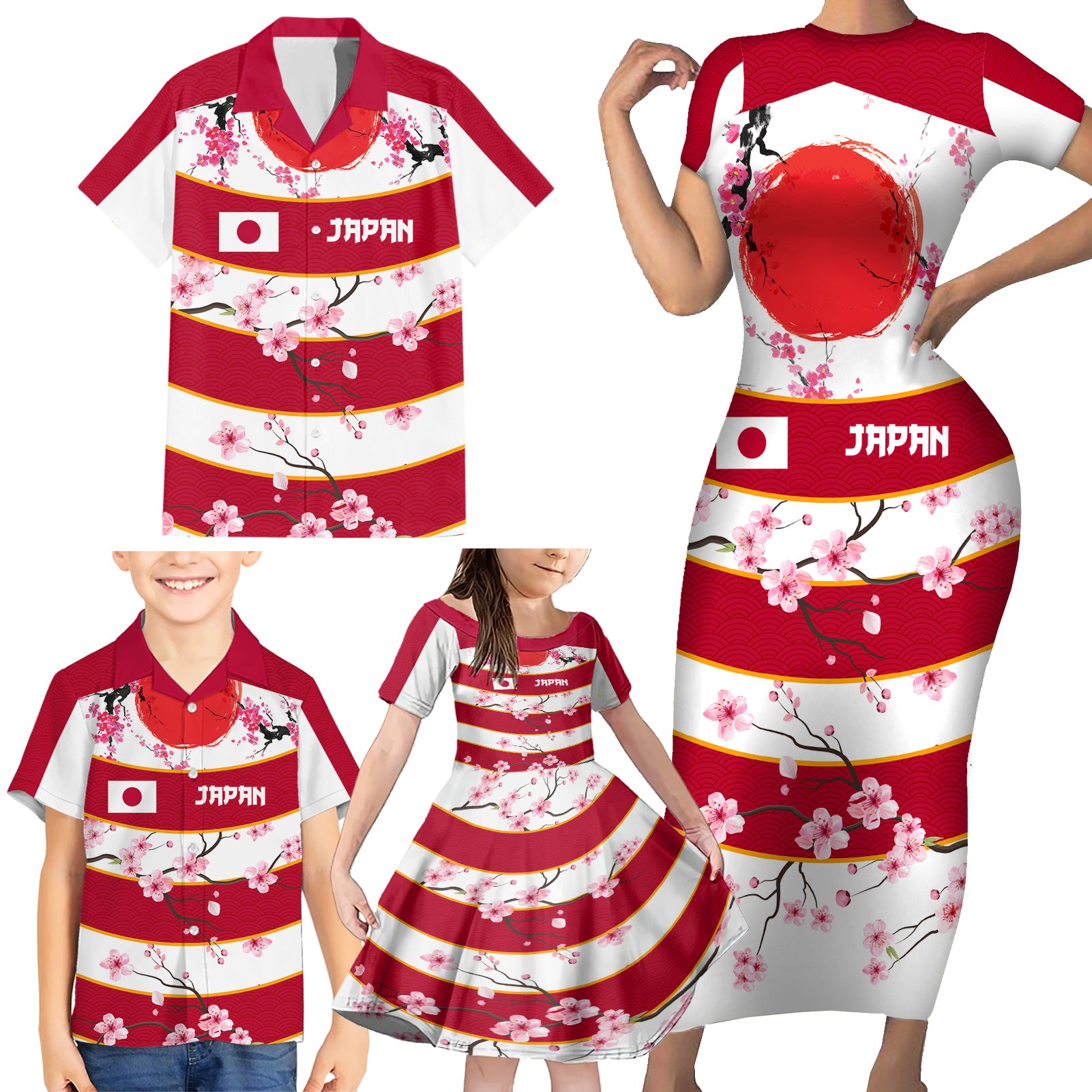 Custom Japan Rugby Family Matching Short Sleeve Bodycon Dress and Hawaiian Shirt Sakura Blossom Go Champion 2024 - Wonder Print Shop