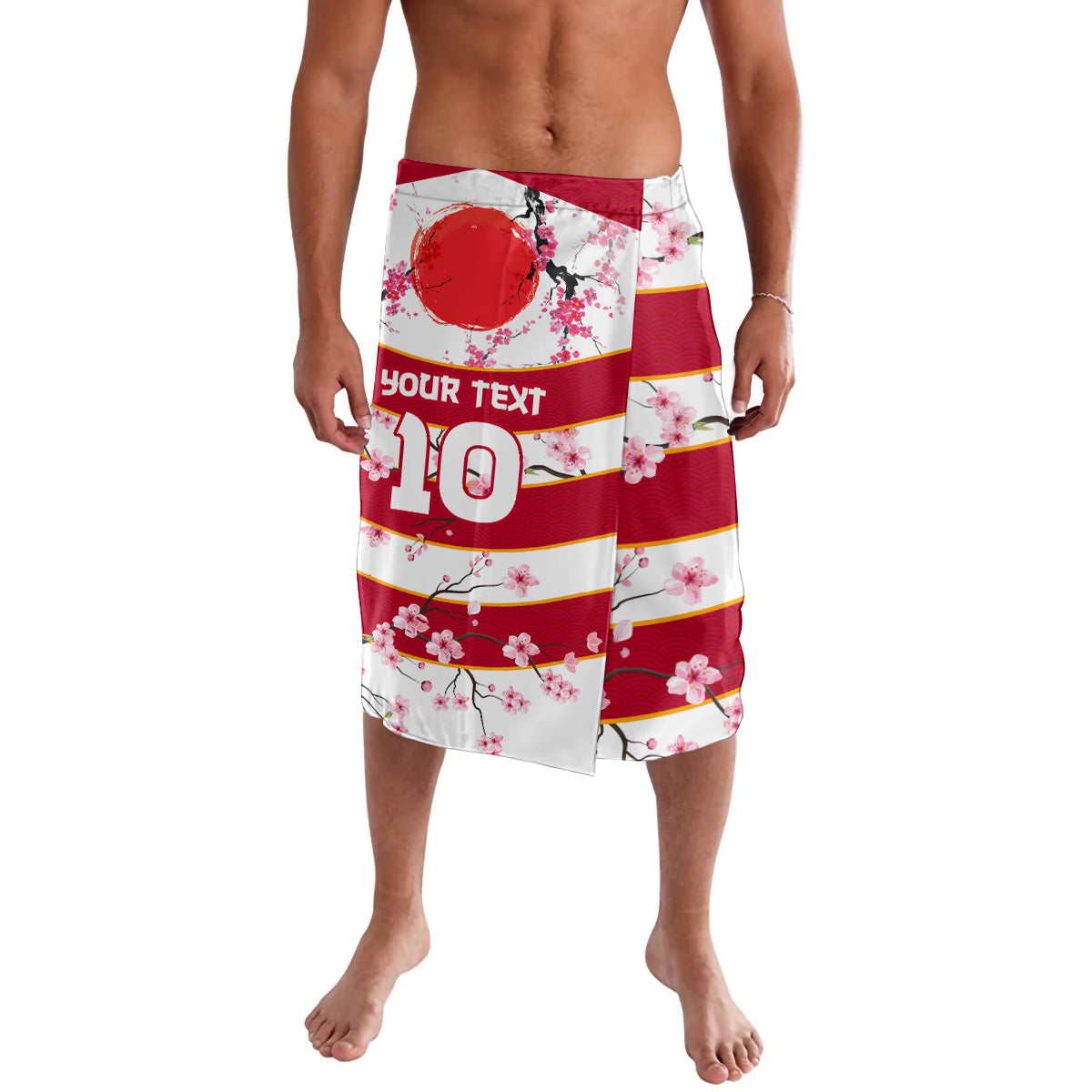 Red and white striped cherry blossom board shorts, elastic waistband, front print