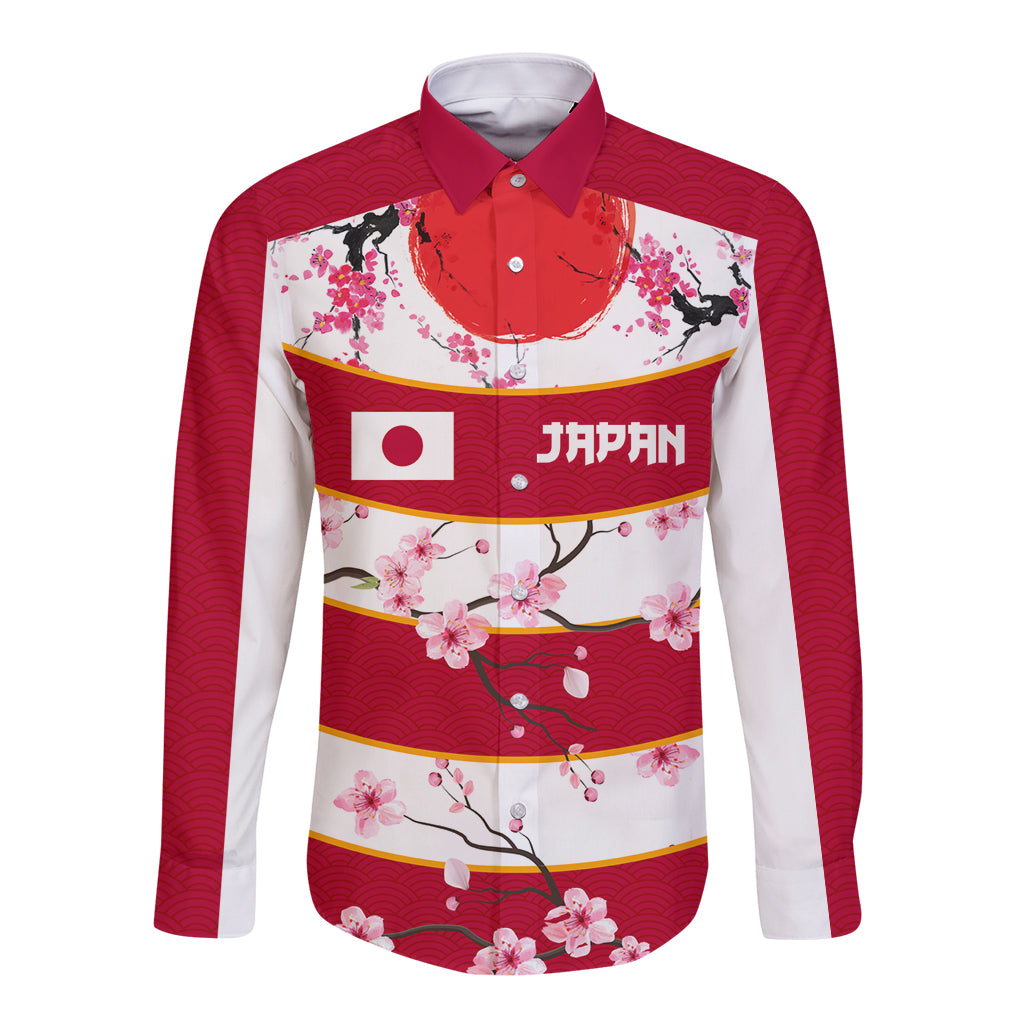 Unisex long-sleeve button rugby shirt in red/white with cherry blossom print and Japan flag