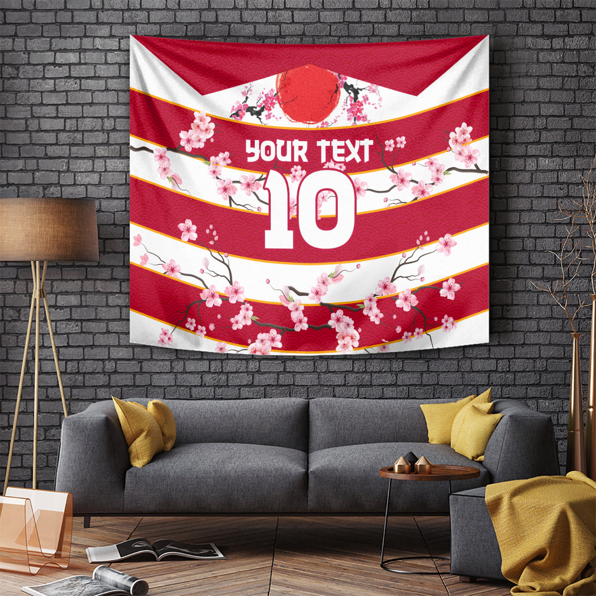 Red and white cherry blossom tapestry banner with bold number 10 and text