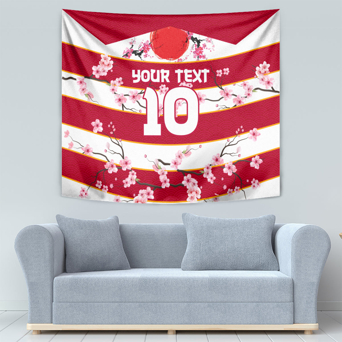 Red and white cherry blossom wall tapestry featuring number 10 and custom text