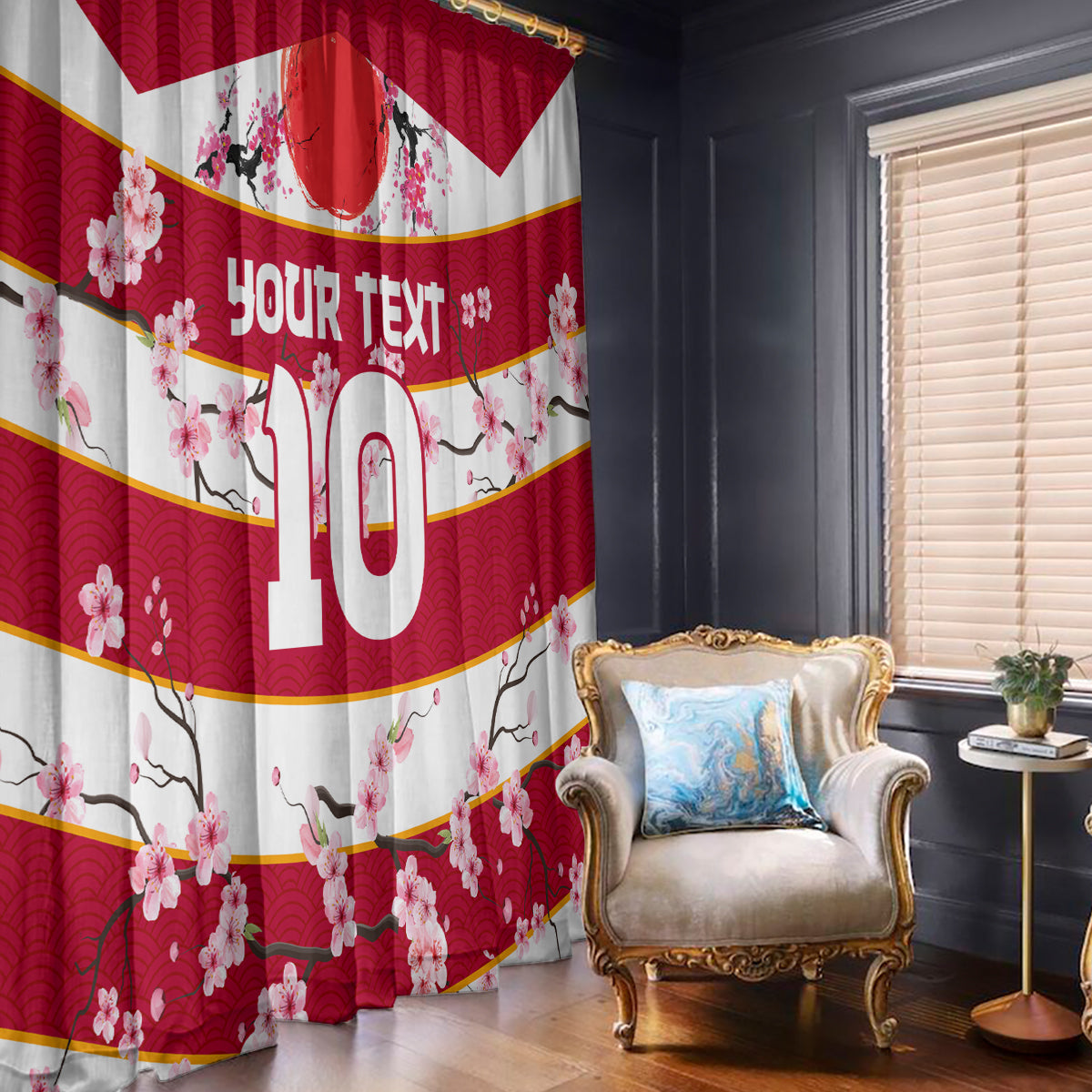 Red and white window curtains with cherry blossom branches, striped design, and custom text