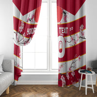 Red window curtain panels with white accents, cherry blossoms, and custom text on draped fabric