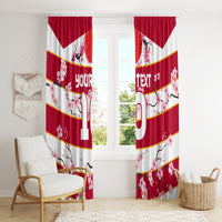 Red and white window curtain panels featuring cherry blossoms and custom text in striped layout