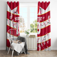 Red window curtains with cherry blossom branches, striped bands, and custom text on two panels