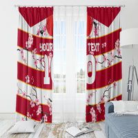 Red window curtains with cherry blossom flowers, striped pattern, and custom text on drapes