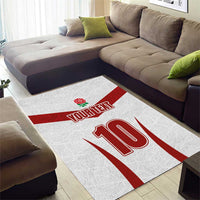 White rugby area rug with red center stripe, rose logo, 'YOURTEXT' and '110' print