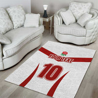 Custom rugby area rug: white ground with red stripe, rose badge, 'YOURTEXT' and '110'