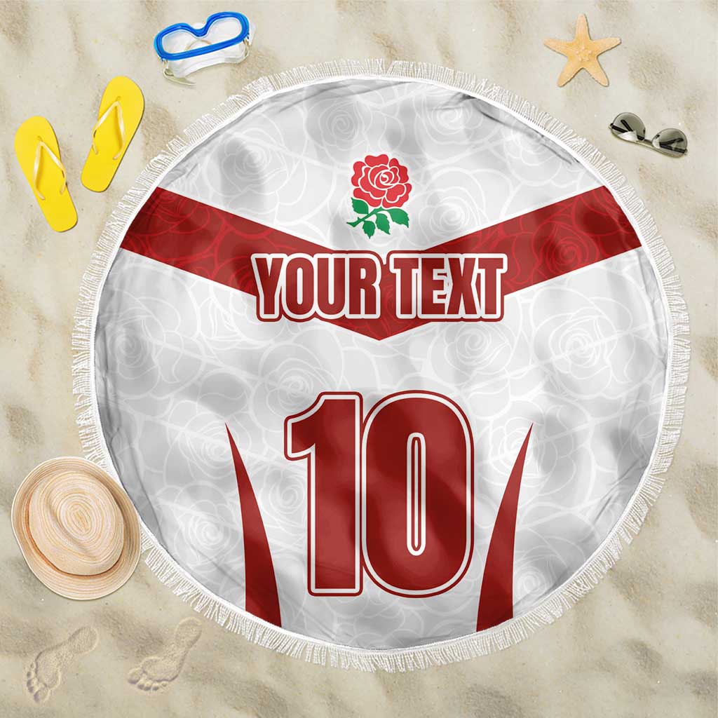 Round beach blanket in white with red stripe, rose emblem, 'YOUR TEXT', 10, fringed border