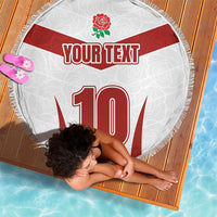 Round beach blanket in white with red stripe, rose emblem, 'YOUR TEXT', 10, fringed border