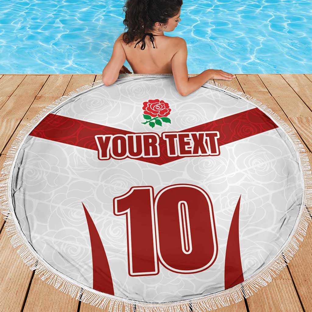Full round beach blanket in white with red stripe, rose emblem, 'YOUR TEXT', 10, fringed border
