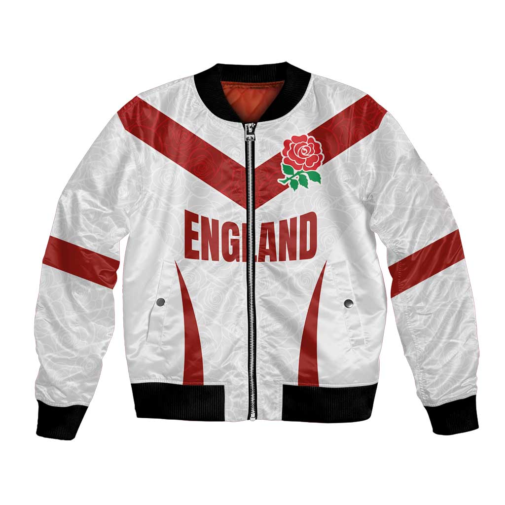 White bomber jacket with red England stripes, zip front, rose emblem, ribbed cuffs