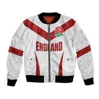 White bomber jacket with red England stripes, zip front, rose emblem, ribbed cuffs