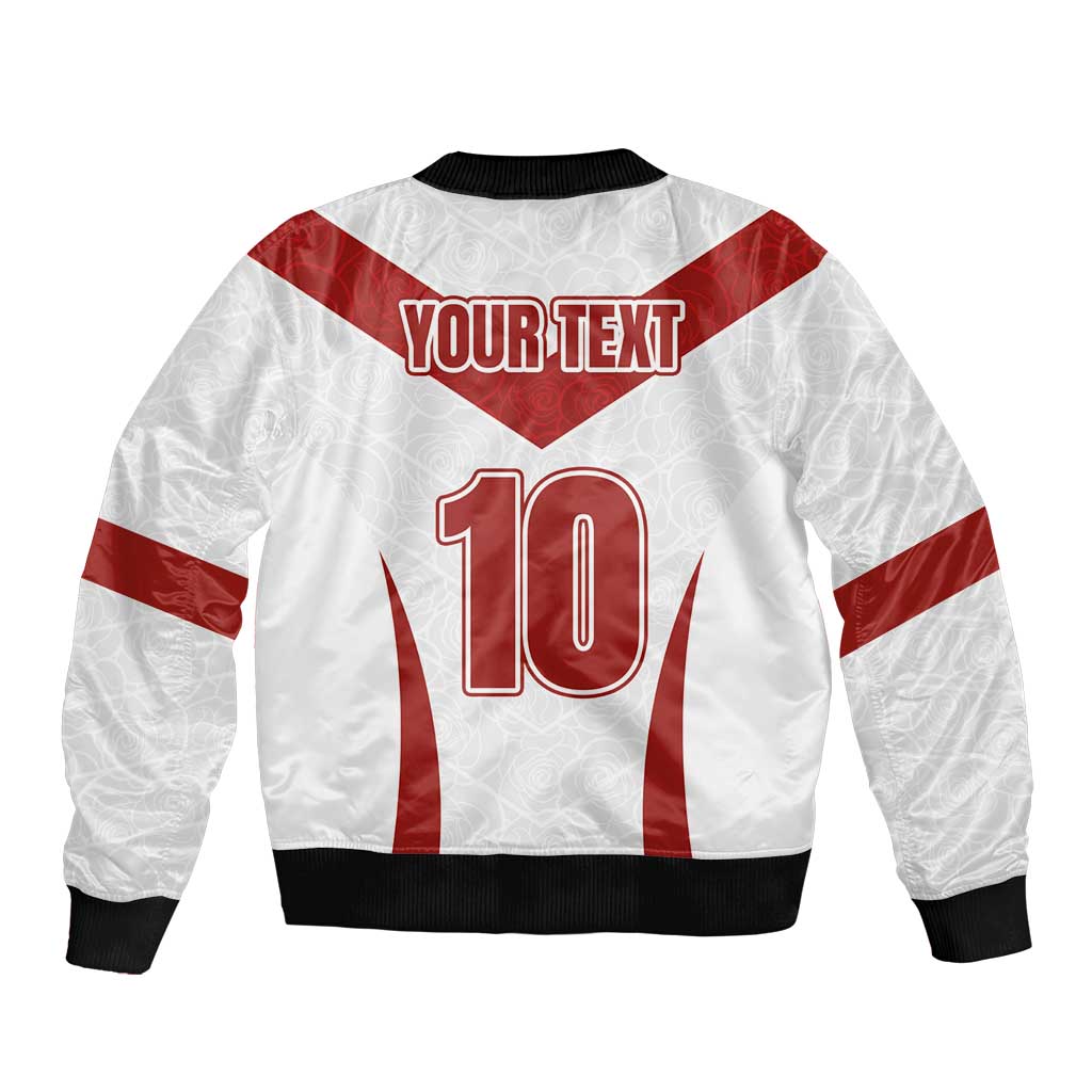 White bomber jacket back with red stripes, YOUR TEXT, number 10, ribbed hem and cuffs