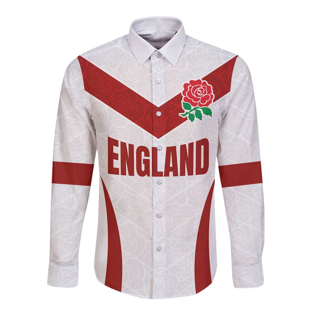 White long-sleeve button rugby shirt with red chevron, rose emblem, and ENGLAND print