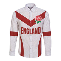 White long-sleeve button rugby shirt with red chevron, rose emblem, and ENGLAND print