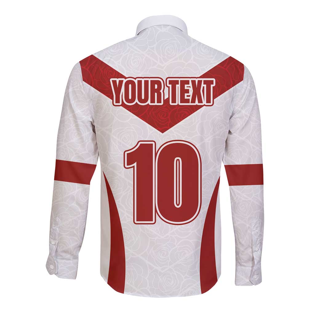 White long-sleeve button rugby shirt with red chevron, YOUR TEXT, and large number 10