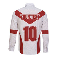 White long-sleeve button rugby shirt with red chevron, YOUR TEXT, and large number 10