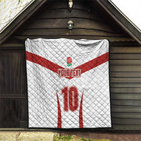 White and red quilt blanket with rose emblem, YOUR TEXT, and large 10
